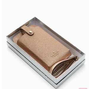 KATE SPADE SHIMMY GLITTER BOXED NORTH SOUTH TAB PHONE CROSSBODY IN ROSE GOLD